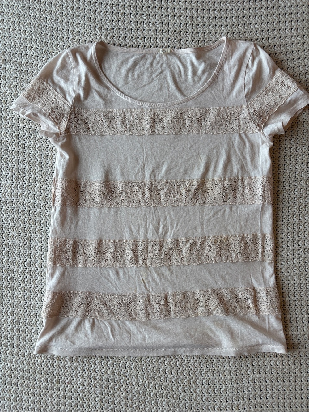 J. Crew Short Sleeve Lace-Striped Tee — Light Beige
